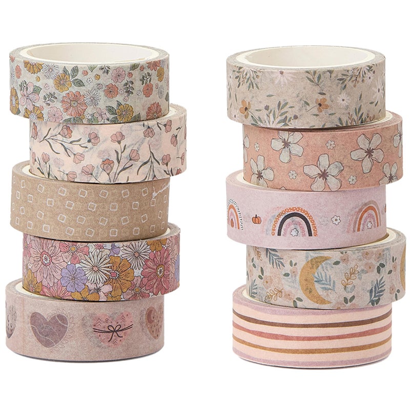 YUBX Boho Washi Tape Set 10 Rolls Cute Masking Graphic Floral Pattern Decorative Tapes for Arts, DIY Crafts, Journals, Planners, Scrapbook, Wrapping (Warm) - Image 1
