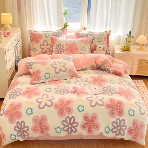 MorroMorn Twin Bedding Sets, Pink Floral Duvet Cover Set, Fluffy Comforter Covers, Colorful Flowers Blanket Ultra Soft Kawaii Cute for Girls Toddler Kids Teen Women Twin/Twin XL Size - Image 1