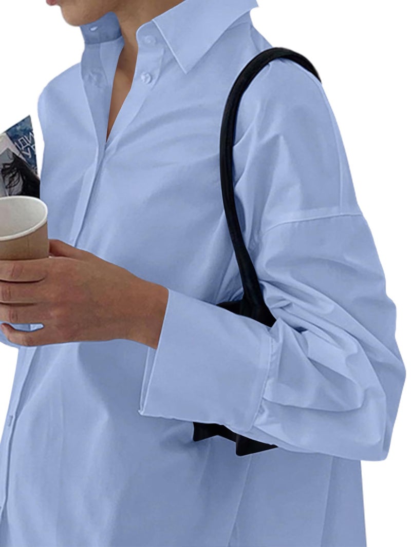 LYANER Women's Casual Shirt Dress Collar V Neck Button Down Loose Long Sleeve Mini Dresses Light Blue XX-Large - Image 3