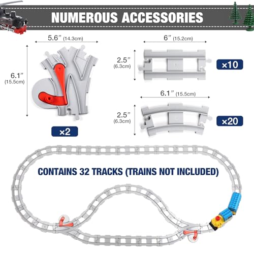 MANNIDOO 32 Pieces Train Tracks Classic Railway Track with 20 Curved Tracks 10 Straight Tracks and 2 Switches Tracks Compatible with All Major Brands Toy Track Accessory for Kid Light Grey - Image 5