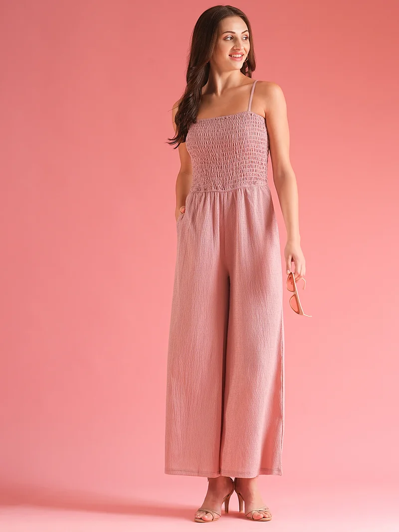 globus Women Square Neck Strappy Shoulder Self Design Stretchable Smocked Jumpsuit