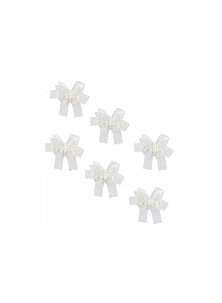 6 مشابك شعر بيضاء للبنات – تصميم أنيق بفراشات وشرائط ساتان وخرز لؤلؤي، مثالي للعيد والمناسبات - Image 1