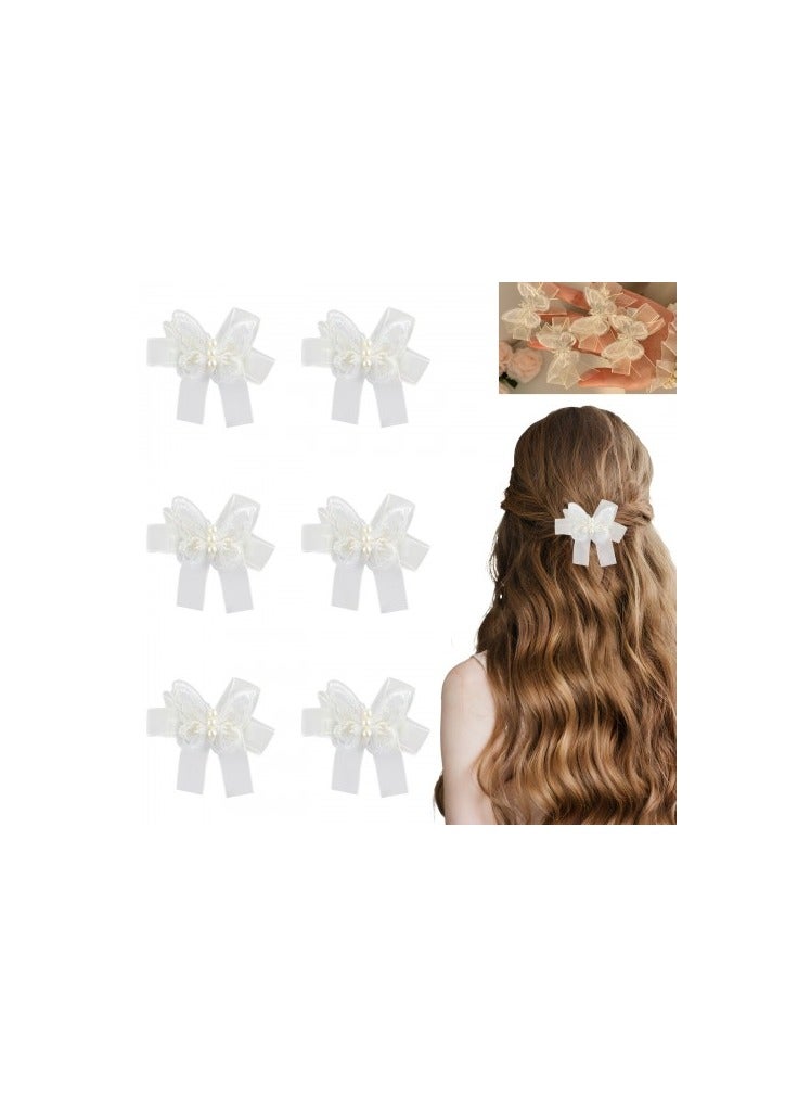 6 مشابك شعر بيضاء للبنات – تصميم أنيق بفراشات وشرائط ساتان وخرز لؤلؤي، مثالي للعيد والمناسبات - Image 2
