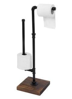 XiuWoo Industrial Metal Pipe and Burnt Wood Design Freestanding Toilet Paper Holder Stand Dispenser with Reserve Roll Holder Bar  - Image 1
