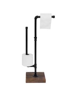 XiuWoo Industrial Metal Pipe and Burnt Wood Design Freestanding Toilet Paper Holder Stand Dispenser with Reserve Roll Holder Bar  - Image 2