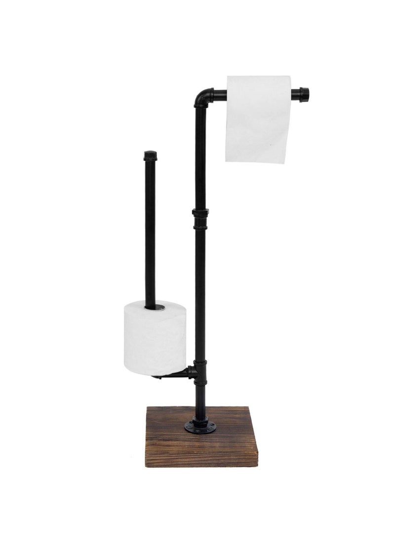 XiuWoo - Industrial Metal Pipe and Burnt Wood Design Freestanding Toilet Paper Holder Stand Dispenser with Reserve Roll Holder Bar - Image 1