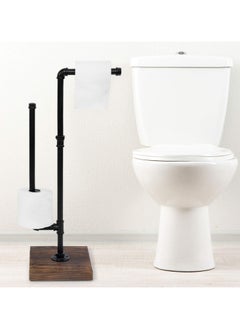 XiuWoo Industrial Metal Pipe and Burnt Wood Design Freestanding Toilet Paper Holder Stand Dispenser with Reserve Roll Holder Bar  - Image 4