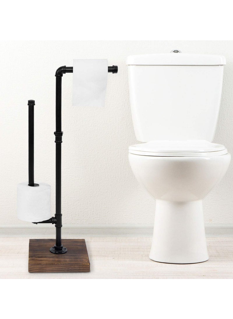 XiuWoo - Industrial Metal Pipe and Burnt Wood Design Freestanding Toilet Paper Holder Stand Dispenser with Reserve Roll Holder Bar - Image 1