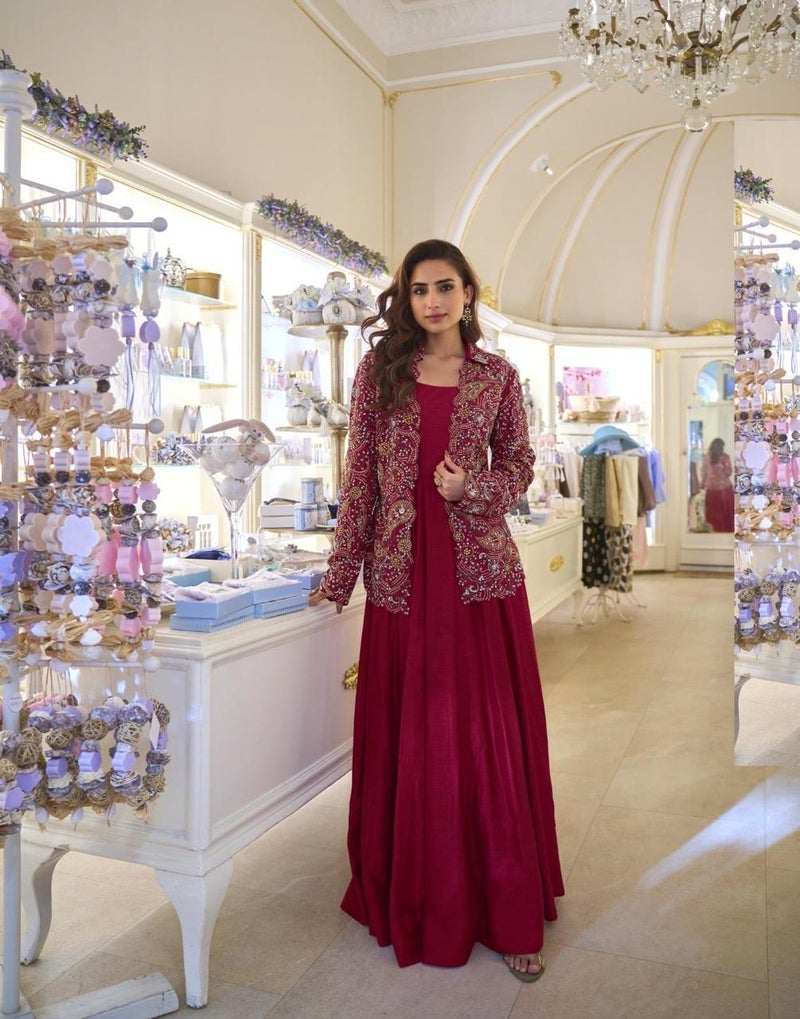 ANAITA Maroon Silk Free Size Stitched Suit with Embroidery Work - Image 1