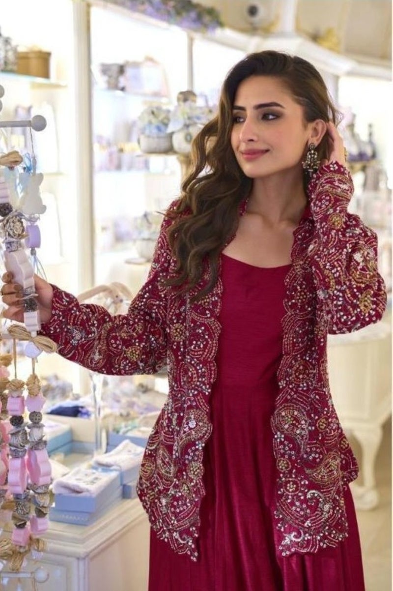 ANAITA Maroon Silk Free Size Stitched Suit with Embroidery Work - Image 2
