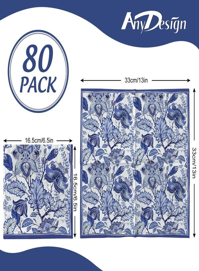 AnyDesign 80 Pack Blue Floral Paper Napkin Disposable Blue and White Flower Luncheon Napkin 6.5 x 6.5 Inch Retro Floral Dessert Dinner Hand Napkin for Birthday Wedding Baby Shower Bridal Shower - Image 2