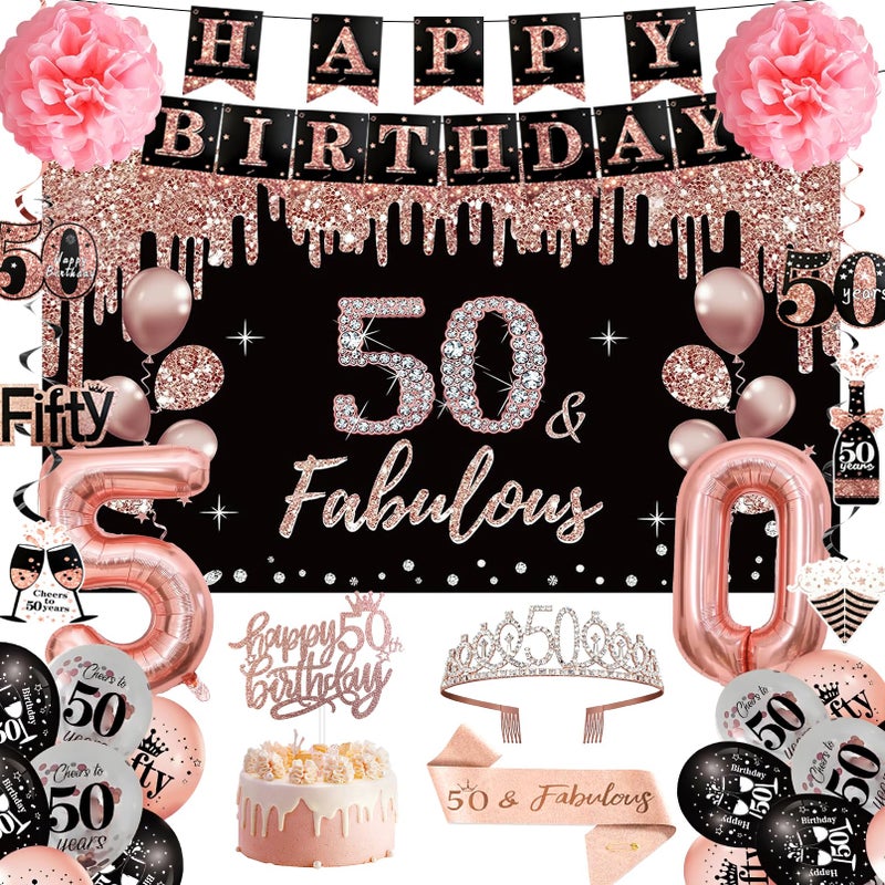 ASTILAZO 50th Birthday Decorations Set for Women One-Stop Get 36Pcs: Crown Sash Banner Balloons Hanging Swirls Paper Flowers Cake Topper Black Rose Gold Backdrop for Her 50 years old Birthday Party Decorations - Image 1