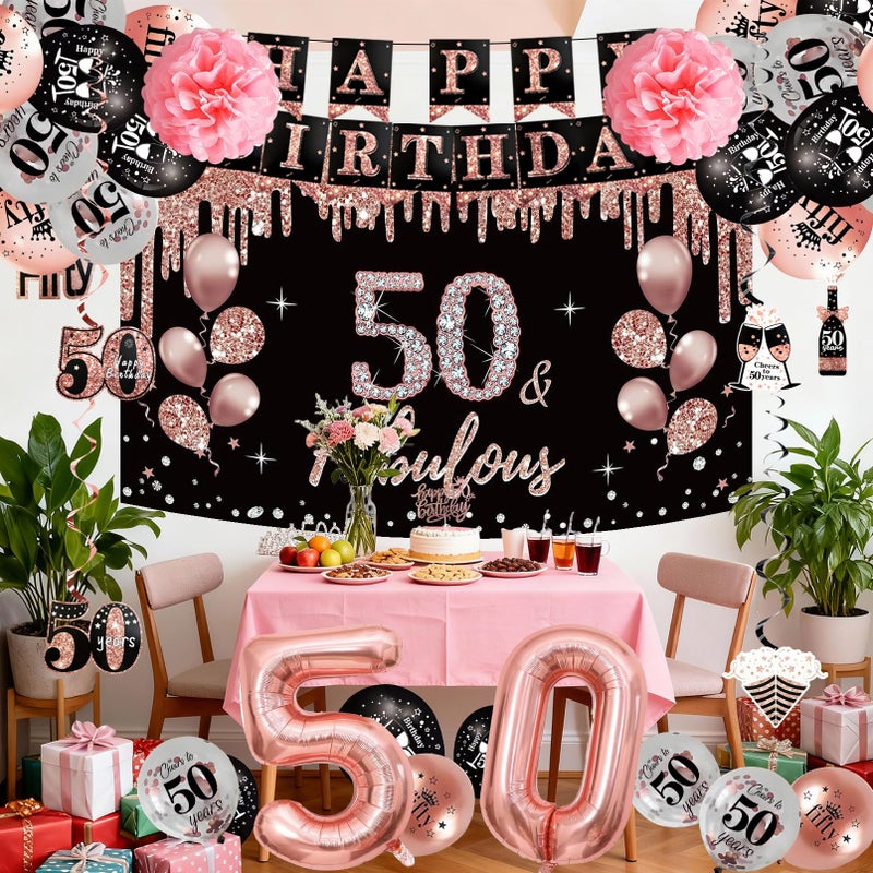 ASTILAZO 50th Birthday Decorations Set for Women One-Stop Get 36Pcs: Crown Sash Banner Balloons Hanging Swirls Paper Flowers Cake Topper Black Rose Gold Backdrop for Her 50 years old Birthday Party Decorations - Image 5