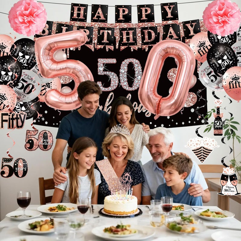 ASTILAZO 50th Birthday Decorations Set for Women One-Stop Get 36Pcs: Crown Sash Banner Balloons Hanging Swirls Paper Flowers Cake Topper Black Rose Gold Backdrop for Her 50 years old Birthday Party Decorations - Image 3