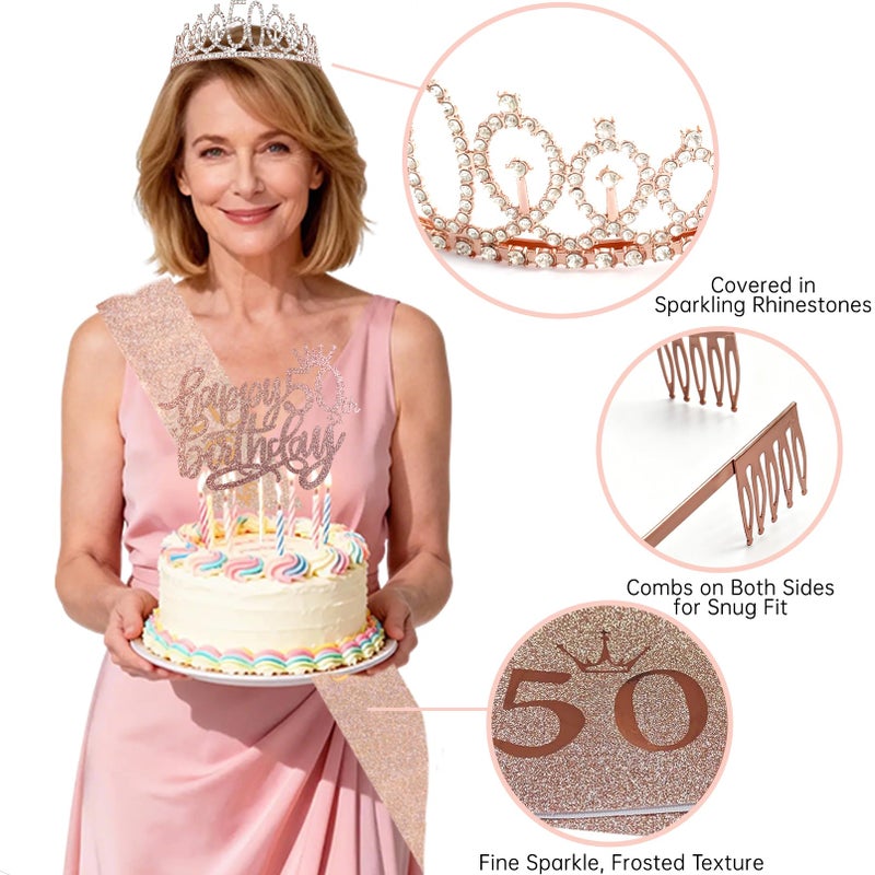 ASTILAZO 50th Birthday Decorations Set for Women One-Stop Get 36Pcs: Crown Sash Banner Balloons Hanging Swirls Paper Flowers Cake Topper Black Rose Gold Backdrop for Her 50 years old Birthday Party Decorations - Image 4