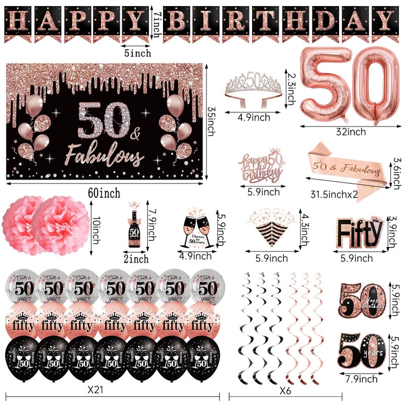 ASTILAZO 50th Birthday Decorations Set for Women One-Stop Get 36Pcs: Crown Sash Banner Balloons Hanging Swirls Paper Flowers Cake Topper Black Rose Gold Backdrop for Her 50 years old Birthday Party Decorations - Image 2