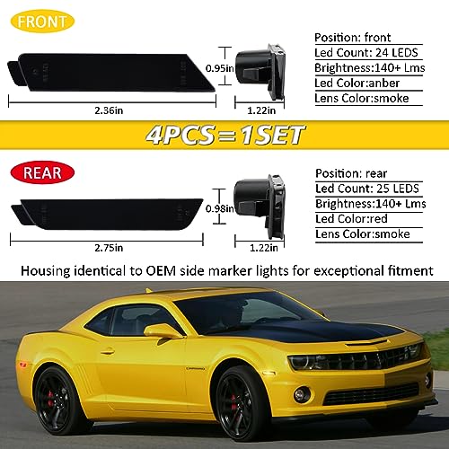 Bestview أفضل مصابيح جانبية LED عدسة مدخنة لمركبة شيفروليه كامارو 2010-2015، مصابيح جانبية أمامية وخلفية، مصابيح عاكسة، برتقالي وأحمر (4 قطع) - Image 4