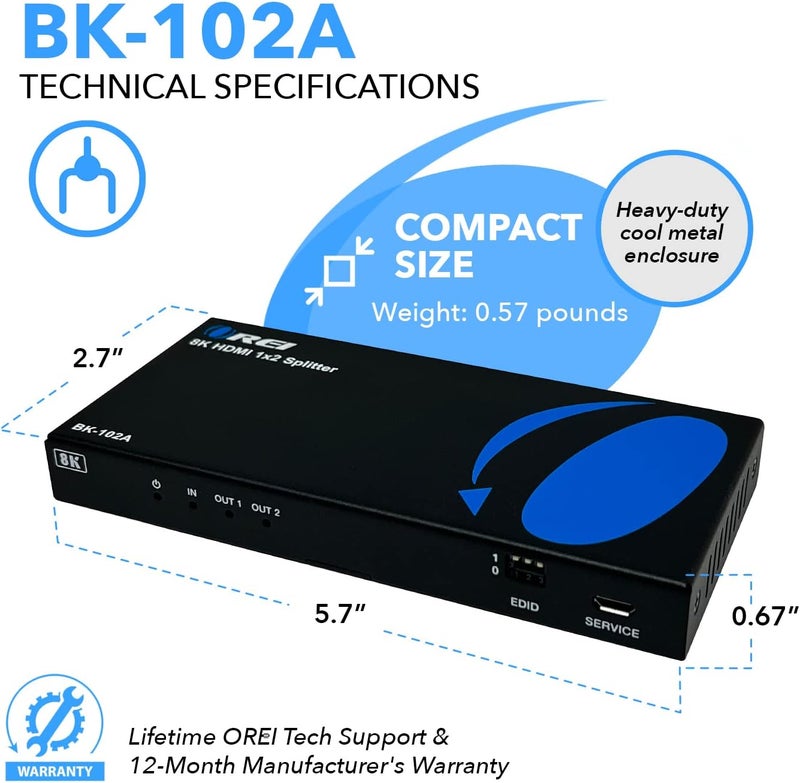 OREI 8K HDMI Splitter 1 X 2, Duplicate with Audio Extractor UltraHD Supports Upto 4K @ 120Hz IR EDID HDCP 2.3 - (BK-102A) (1x2 - Audio Out) - Image 5