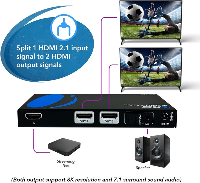 OREI 8K HDMI Splitter 1 X 2, Duplicate with Audio Extractor UltraHD Supports Upto 4K @ 120Hz IR EDID HDCP 2.3 - (BK-102A) (1x2 - Audio Out) - Image 3