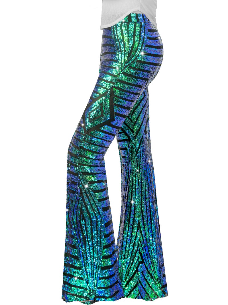 Nawgut Sequin Flare Pants Sparkly Glitter High Waisted Bell Bottom Trousers Disco Party Clubwear for Women-X-Large Green - Image 1