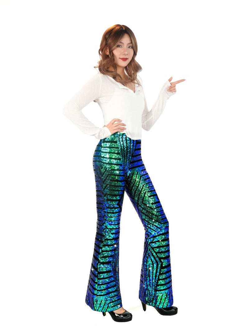 Nawgut Sequin Flare Pants Sparkly Glitter High Waisted Bell Bottom Trousers Disco Party Clubwear for Women-X-Large Green - Image 4