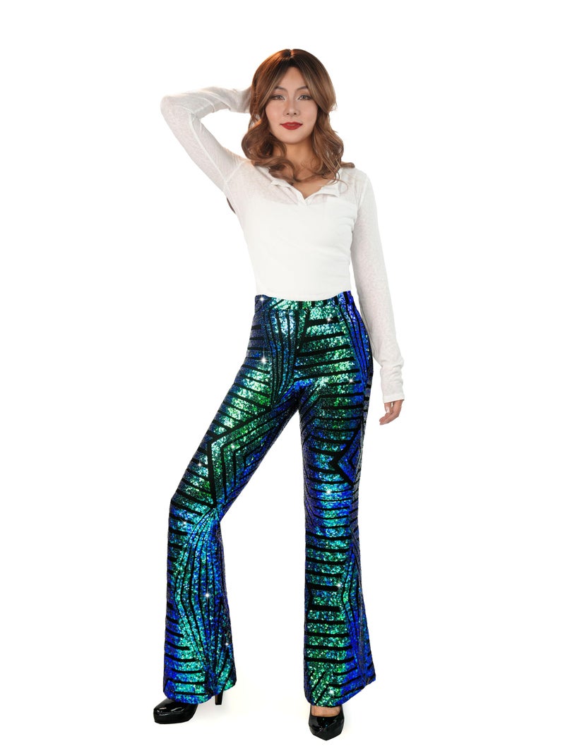 Nawgut Sequin Flare Pants Sparkly Glitter High Waisted Bell Bottom Trousers Disco Party Clubwear for Women-X-Large Green - Image 3