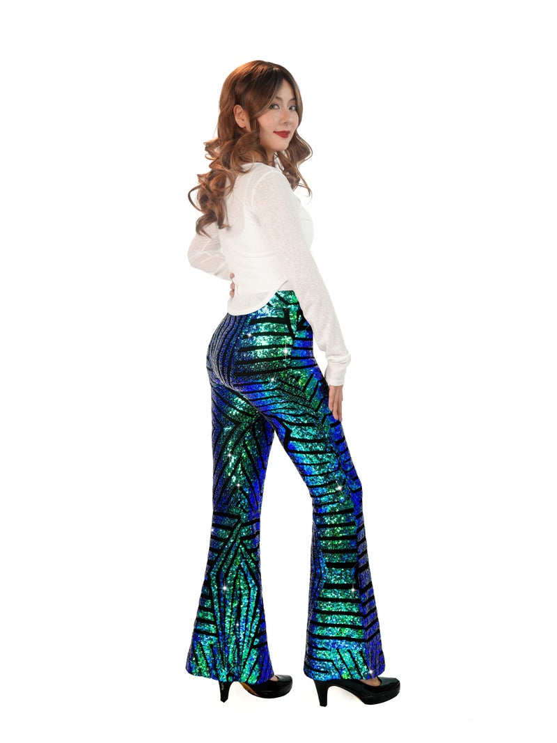 Nawgut Sequin Flare Pants Sparkly Glitter High Waisted Bell Bottom Trousers Disco Party Clubwear for Women-X-Large Green - Image 2
