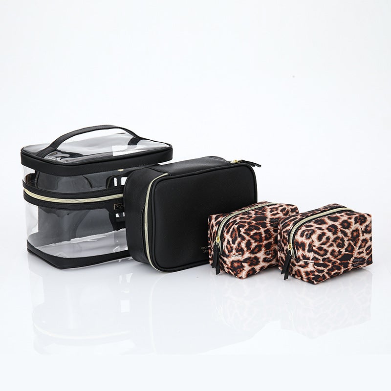 New PU Waterproof Striped Vanity Tote SetFour-piece set-Leopard print Four-piece set-Leopard print