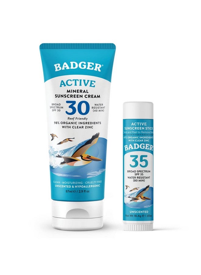 بادجير مجموعة واقي الشمس المعدنية، كريم بعامل حماية من الشمس 30 وعصا للوجه بعامل حماية من الشمس 35، مقاوم للماء واسع الطيف وآمن على الشعاب المرجانية العضوية مع أكسيد الزنك، بدون رائحة - Image 1