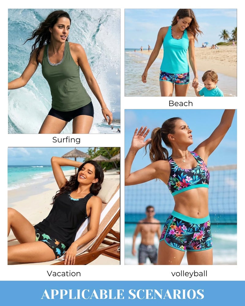 Yonique 3 Piece Athletic Tankini Swimsuits for Women with Shorts Swim Tank Tops with Sports Bra and Boyshorts Bathing Suits Aqua Colorful Floral M - Image 5