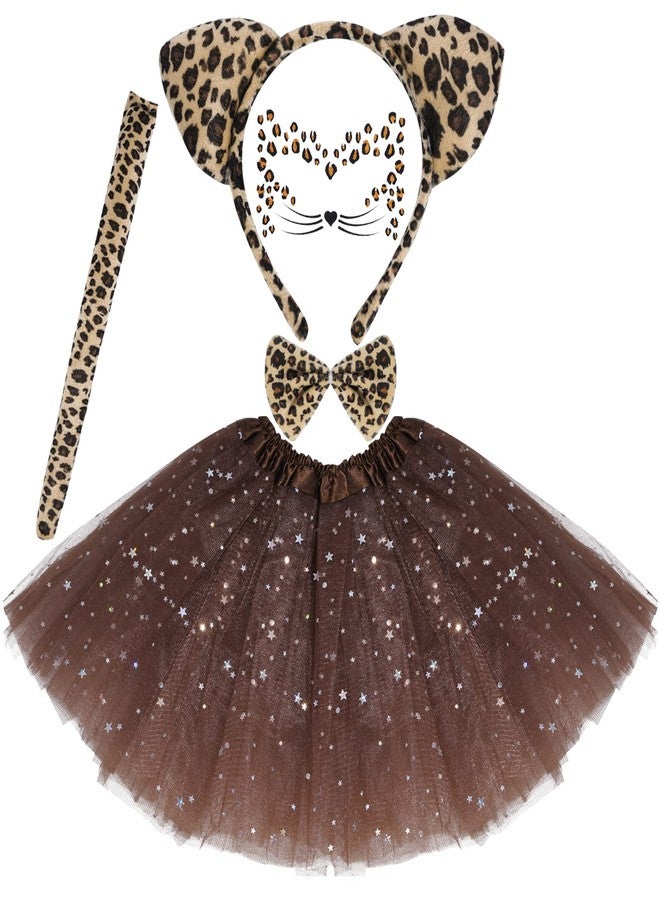 Dxhycc Cat Costume Leopard Cat Ears Headband Tail Bowtie Tutu and Leopard Face Sticker for Halloween Dress Up - Image 1