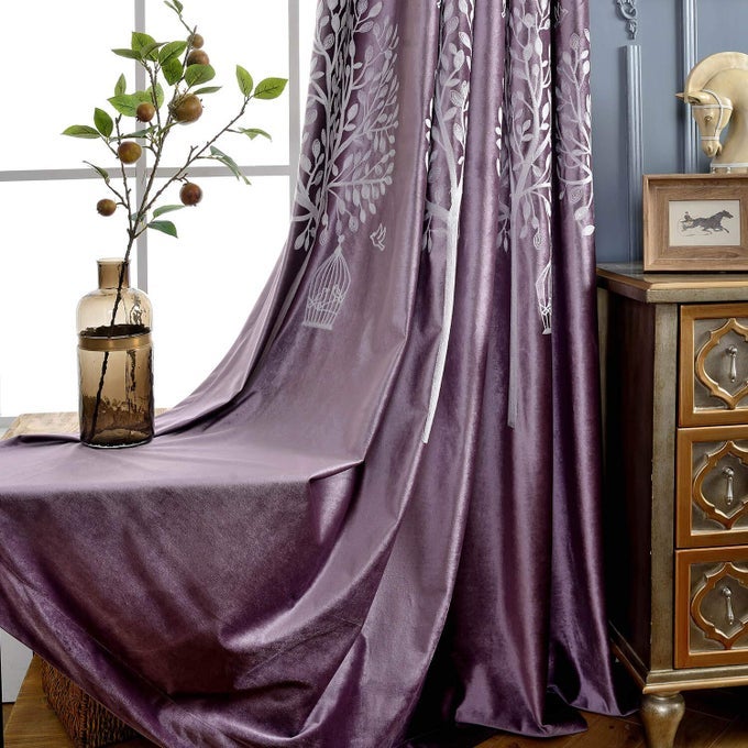 SOFT FLANNEL TREES EMBROIDERED GROMMET CURTAINS THERMAL BLACKOUT CURTAIN PANELS ROOM DARKENING WINDOW TREATMENT FOR LIVING ROOM 2 PIECES W60 X L106