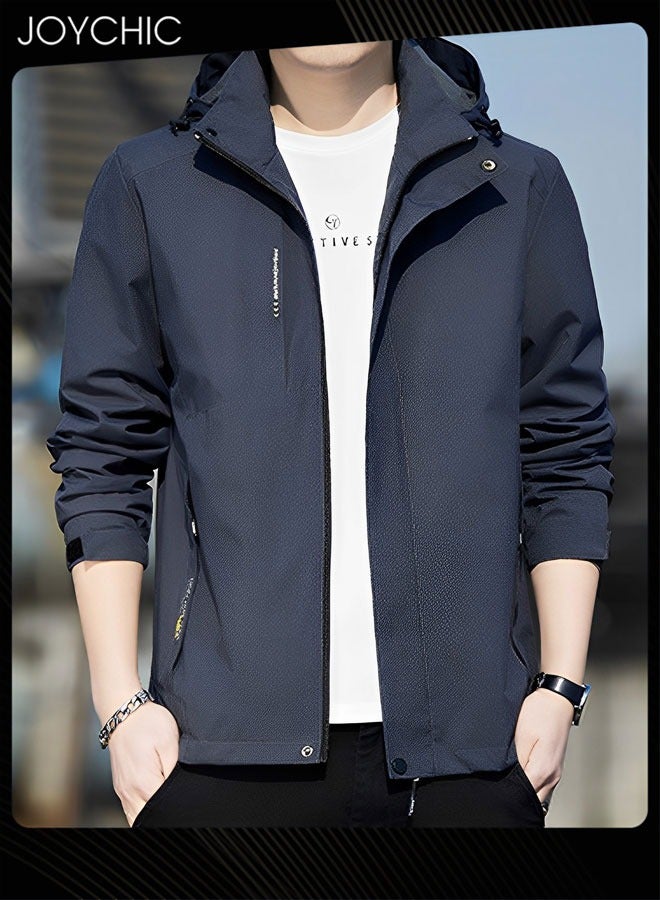 Joychic سترة رياضية للرجال ذات نمط سادة مع غطاء للرأس لربيع وخريف مقاومة للرياح بسحاب مع قبعة خارجية رمادية داكنة - Image 3