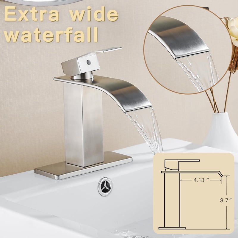 Fransiton Brushed Nickel Waterfall Bathroom Faucet Lavatory Single Handle 1 Or 3 Hole Bathroom Sink Faucet Washbasin Faucet With Deck And Pop-Up Drain - Image 3