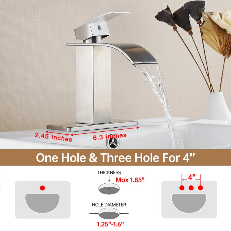 Fransiton Brushed Nickel Waterfall Bathroom Faucet Lavatory Single Handle 1 Or 3 Hole Bathroom Sink Faucet Washbasin Faucet With Deck And Pop-Up Drain - Image 2