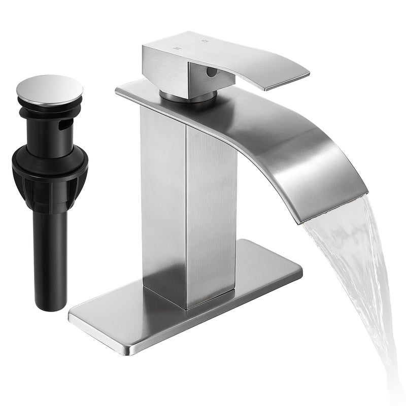 Fransiton Brushed Nickel Waterfall Bathroom Faucet Lavatory Single Handle 1 Or 3 Hole Bathroom Sink Faucet Washbasin Faucet With Deck And Pop-Up Drain - Image 1
