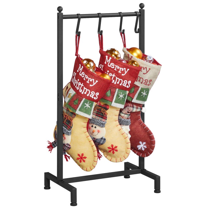 ELYKEN Christmas Stocking Holder Stand for Floor Free Standing Stocking Rack with 4 Removable Hooks Heavy Duty Metal Small Xmas Stocking Stand with Adjustable Feet Black