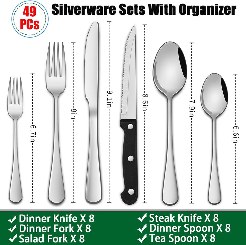 Dehov 49 Pieces Silverware Sets With Organizer And Steak Knives,Stainless Steel Flatware Sets Service For 8 Person For Home Kitchen,Tableware Cutlery Sets,Includes Knife Spoon and Forks Sets - Image 2