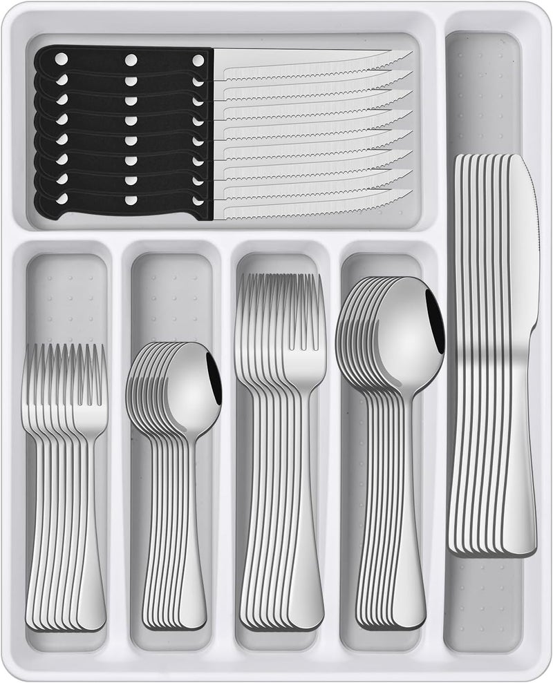 Dehov 49 Pieces Silverware Sets With Organizer And Steak Knives,Stainless Steel Flatware Sets Service For 8 Person For Home Kitchen,Tableware Cutlery Sets,Includes Knife Spoon and Forks Sets - Image 1