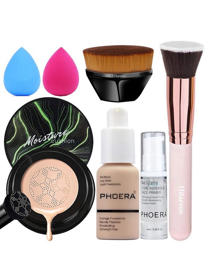 Hilareco PHOERA Foundation,Air Cushion CC Cream Foundation, Foundation Full Coverage,Phoera Face Primer, Kabuki Brush, Makeup Sponge (102 Nude +# 02 Natural CC)  - Image 1