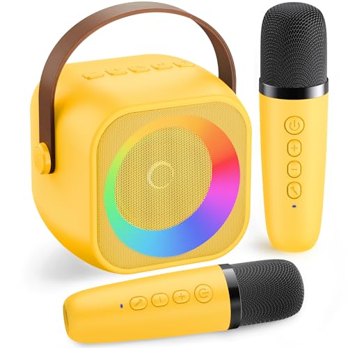 BEILIHART Mini Karaoke Machine for Kids Adults：Portable Bluetooth Karaoke Speaker with 2 Wireless Microphones and Lights for Home Party, Christmas Birthday Gifts for 4-12+ Years Old Girls Boys(Yellow) - Image 1