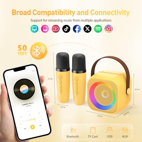 BEILIHART Mini Karaoke Machine for Kids Adults：Portable Bluetooth Karaoke Speaker with 2 Wireless Microphones and Lights for Home Party, Christmas Birthday Gifts for 4-12+ Years Old Girls Boys(Yellow) - Image 3