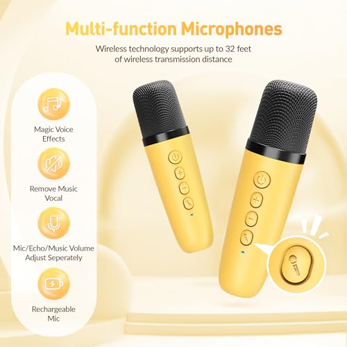 BEILIHART Mini Karaoke Machine for Kids Adults：Portable Bluetooth Karaoke Speaker with 2 Wireless Microphones and Lights for Home Party, Christmas Birthday Gifts for 4-12+ Years Old Girls Boys(Yellow) - Image 5