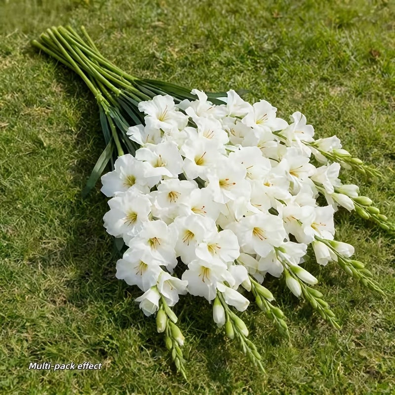 أسلوب لعبة لطيف - 5 قطع من زهور الجلاديولس الاصطناعية البيضاء الواقعية المصنوعة من البلاستيك لديكور المنزل وحفلات الزفاف والعطلات - Image 5