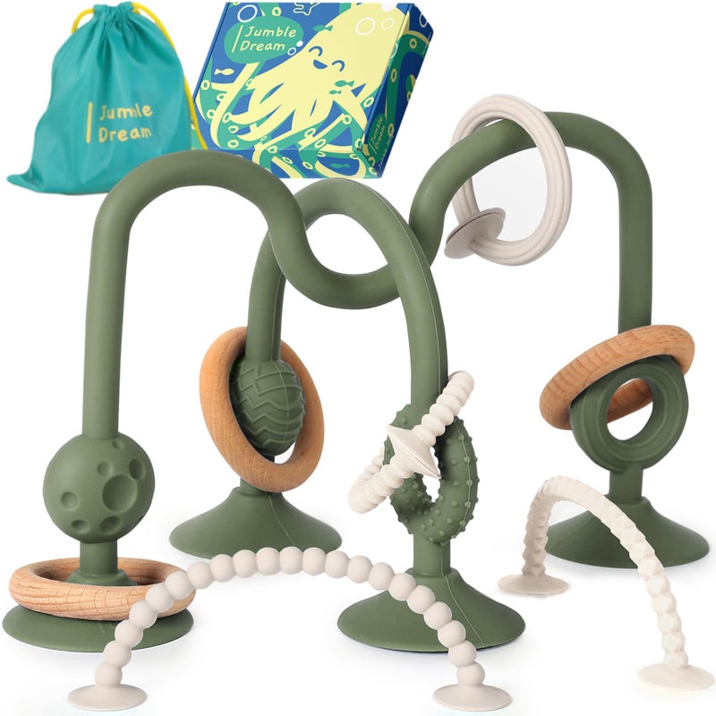 Jumble Jangle Baby Teething Toys BPAFree Multi Purpose High Chair Toys for Babies Suction Teething Relief with Sensory Toy Textures for Infants and Toddlers 324 Months Green