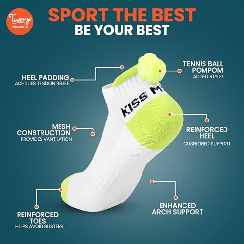 Twerp Tennis Socks for Women - Funny Tennis Socks with Tennis Ball Pompom - Great Gift for Tennis Players White, Green One Size - Image 5