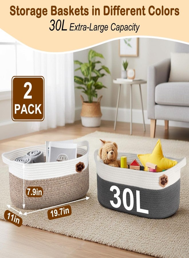 SZEE 2 Pack 30L Large Dog Toy Basket, Nursery Storage Basket for Organizing, Woven Rope Toys Storage for Living Room/Bedroom, Toy Box and Bin with Reinforced Handles, 19.7"×11"×7.9", Brown+Gray - Image 2