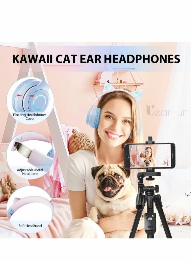 Cat Ear Kids Bluetooth Headphones for Girls for School Wired Gaming Headset with Microphone Jack Adjustable Headband Teens Toddlers Wireless Earphones for Tablet or PC - Image 2