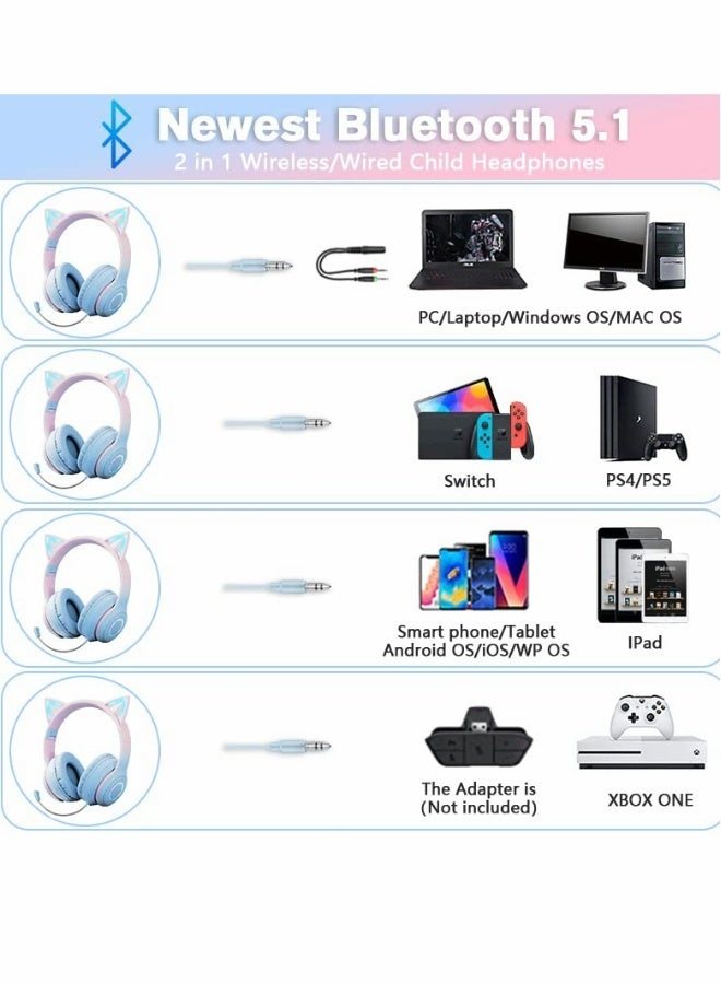 Cat Ear Kids Bluetooth Headphones for Girls for School Wired Gaming Headset with Microphone Jack Adjustable Headband Teens Toddlers Wireless Earphones for Tablet or PC - Image 4