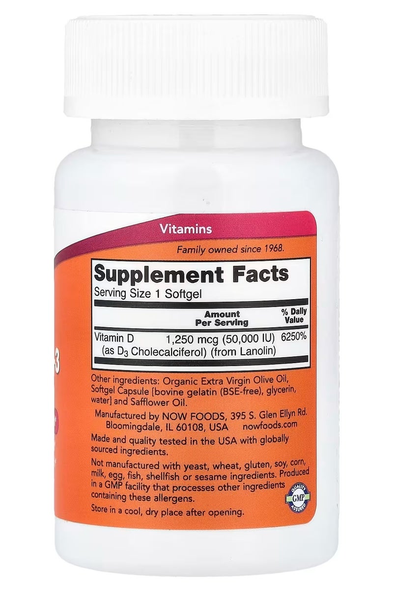 NOW Foods, Vitamin D-3, Max Potency, 50,000 IU, 50 Softgels - Image 2